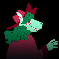 Hegemone is an anthropomorphic hippocampus. His fur is bright teal, and his head is to the side. He is smiling and his dark teal hair is partially hiding his eye with bangs. The hair flows down to his shoulders. He is wearing a dark magenta pirate hat. His back is turned towards us, and he is wearing a dark magenta coat. His right hand is raised up slightly.